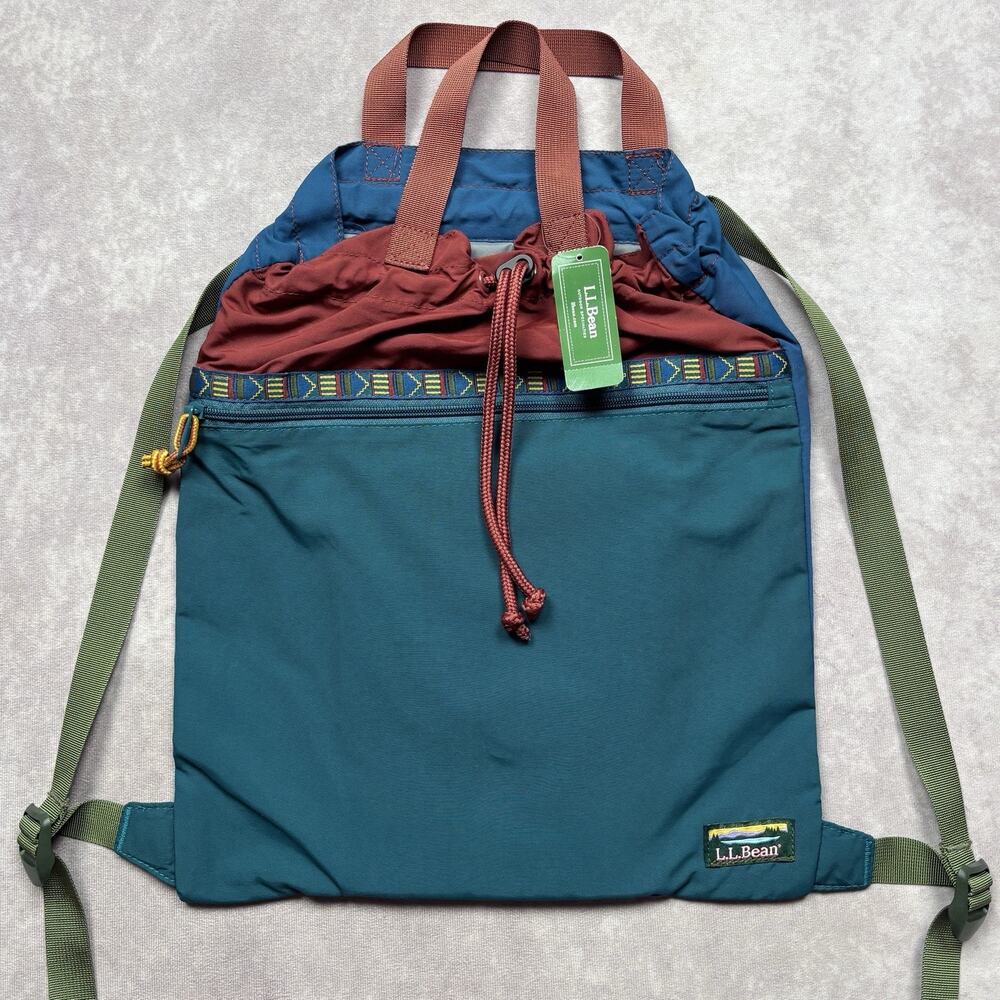 L.L.Bean Mountain Classic Drawstring Pack Backpack Brown Blue Green NWT Large